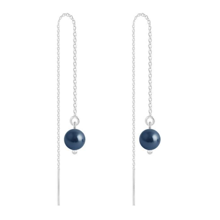 Boucles d'Oreilles Chaîne Argent 925 Perles 6mm Swarovski Element Tahitian Look