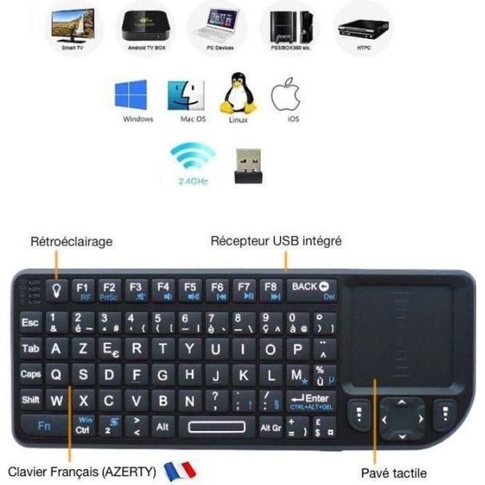 Rii Mini Clavier K01X1 sans fil(AZERTY) 2,4 GHz avec Touchpad pour PC, PAD, XBox 360, PS3, TV box Google Android, HTPC, IPTV