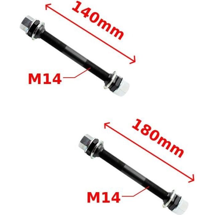 AXE ROUE AVANT + ARRIERE BMX DIAMETRE 14MM x LONGUEUR 140MM (AV) + 180MM (AR) COMPLET MOYEU ROUE VELO