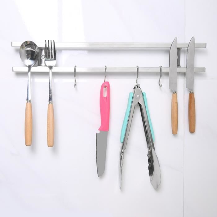 Porte-couteau magnétique mural en acier inoxydable Support de rangement pour ustensiles de cuisine à double barre 30 cm