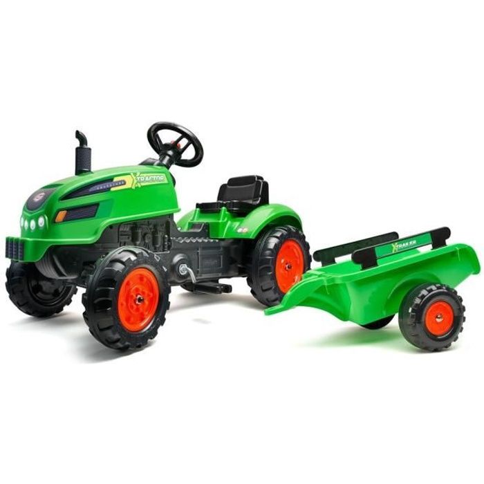 FALK - Tracteur à pédales X Tractor vert avec capot ouvrant et remorque inclus
