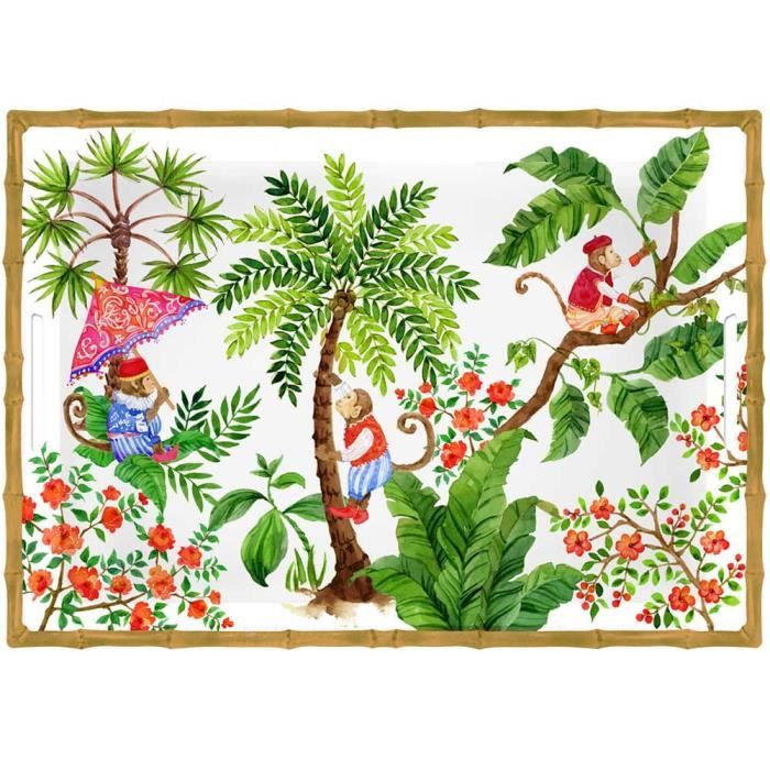 Les Jardins de la Comtesse - Grand Plateau de Présentation Rectangulaire - contour bambou - 50 cm - Singes de Bali
