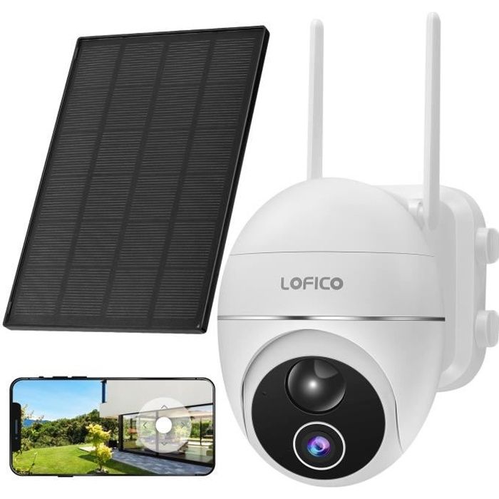 LOFICO® Caméra IP Solaire 1080P Caméra de Surveillance Wifi Extérieure avec Panneau Solaire, Batterie Rechargeable 15000mAh - Blanc