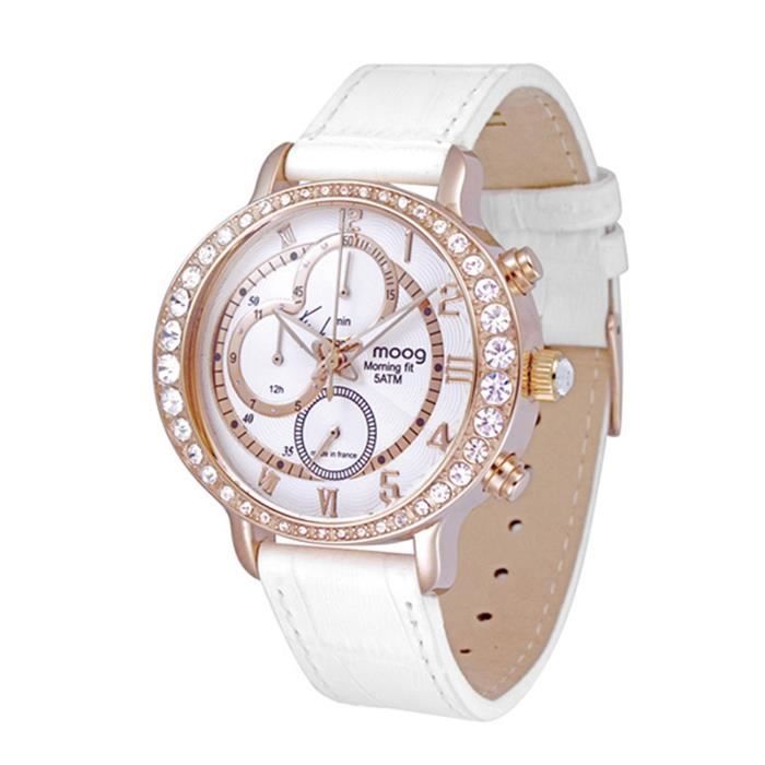 Montre Femme Moog Paris Morning Fit avec Cadran Blanc, Eléments Swarovski, Bracelet Blanc en Cuir Véritable - M44852-106