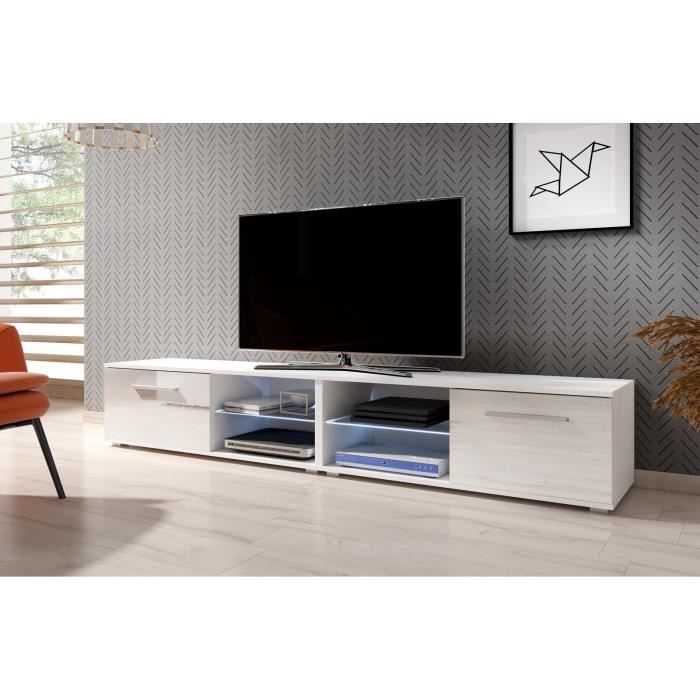 VIVALDI Meuble TV - MOON 2 DOUBLE - 200 cm - blanc mat / blanc brillant avec LED - style moderne