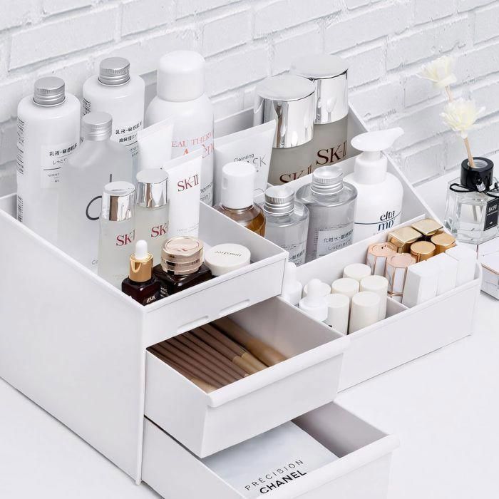 Organisateur Maquillage Miroir Plastique Blanc Avec Tiroirs - Vitrine Table De Toilette