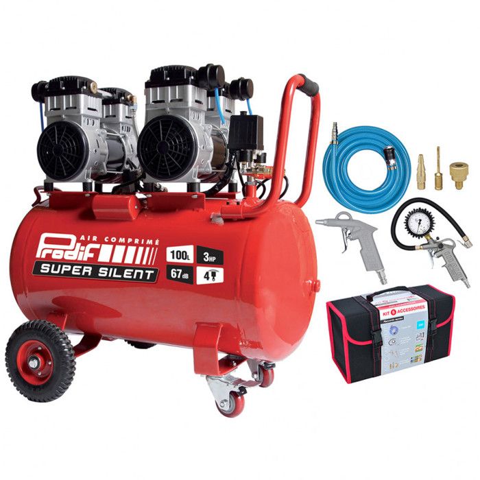 PRODIF Compresseur Super Silent SIL1003 100L 3CV + Kit 6 Accessoires Raccord rapide