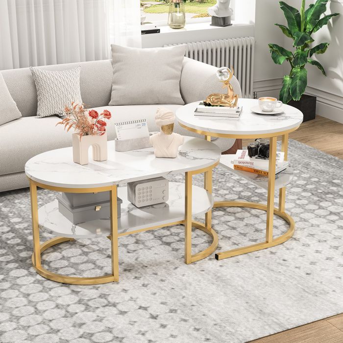 Table basse Table de salon 2 niveaux en marbre Pieds Métal Style Scandinave Coffre de rangement et étagère Lot de 2 80x46x41 cm