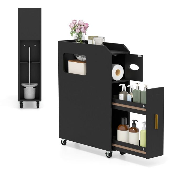 GIANTEX Armoire Salle de Bain Étroite avec Roulettes Chariot de Rangement avec Porte-Brosse et Tiroirs 50 x 16 x 69 cm Noir
