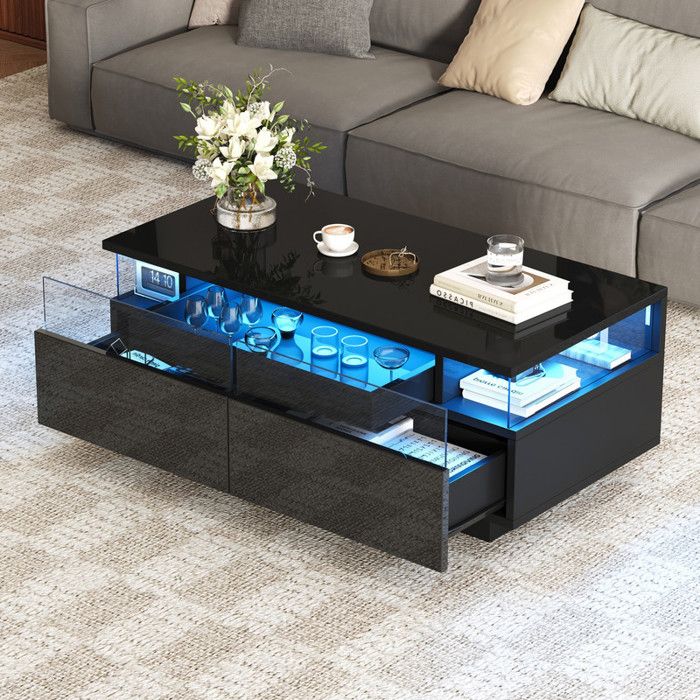 Table basse LED 2 Tiroirs et Porte Vitrée Meuble Salon Style Luxe Moderne Canapé Table Salon Bureau Noir Brillant 90x45x355CM