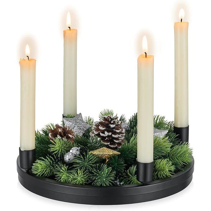 Hanobe Couronne De L'Avent Table - Plateau Bois Rond + Bougeoir Métal Noir - Décoration Noël Moderne