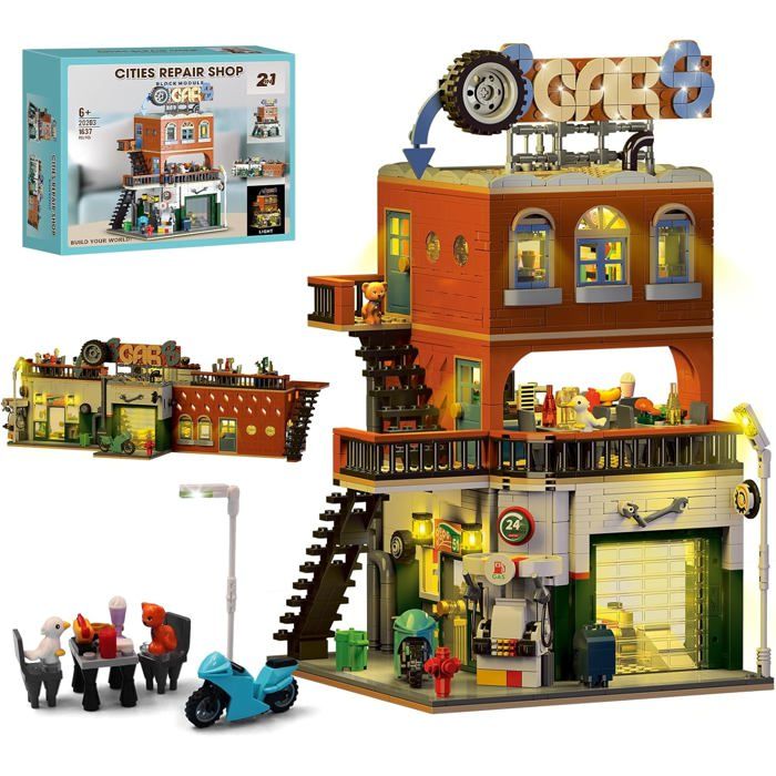 Kit Construction Maison City 2 en 1 Kit Jouets Réparation Voiture LED 1637 PCS