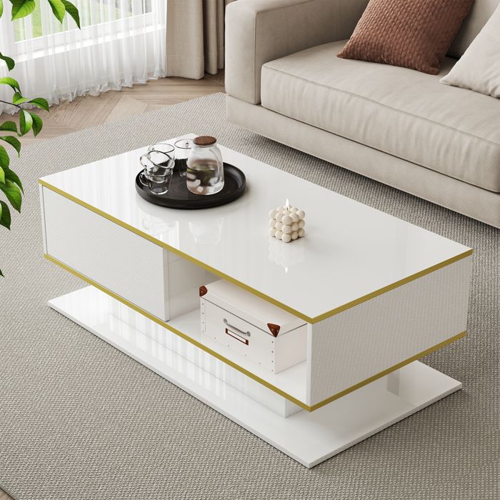 Table basse LED 100 cm brillante - 3 tiroirs ornements dorés et bandeau USB - Moderne et élégante pour salon