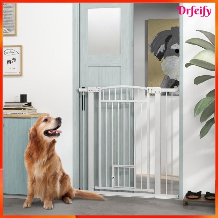 Barrière pour chien - AKOZON - 10156 - Largeur réglable 76–104 cm - Hauteur 106 cm - Porte pour chat acier blanc