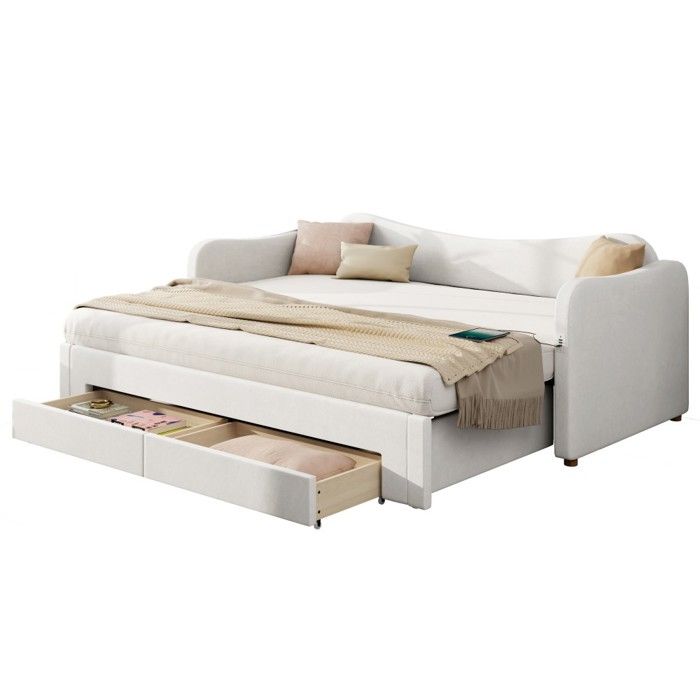 Lit Simple Canapé Capitonné 90x200 Extensible À 180cm Méridienne 2 Tiroirs Rangement Port USB Velours Beige Sans Matelas
