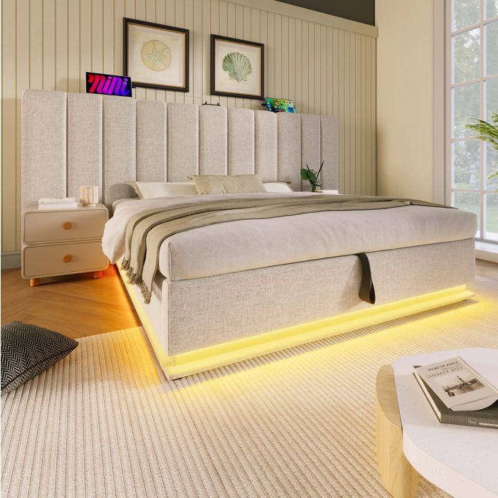 Lit coffre double beige 160 × 200 avec LED 360° USB-C et sommier sans matelas