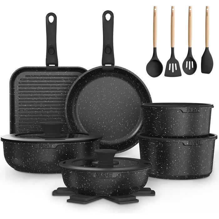 Batterie de Cuisine YASHE 21 Pcs - Poignées Amovibles - Induction - Gris