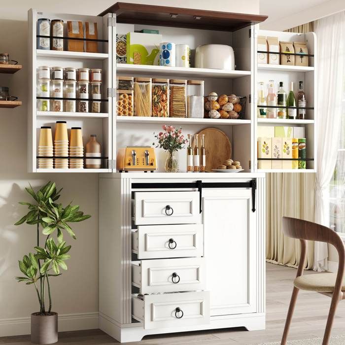 Buffet de cuisine haut - 80 x 398 x 180 cm - 4 tiroirs - Étagères réglables - Anti-basculement
