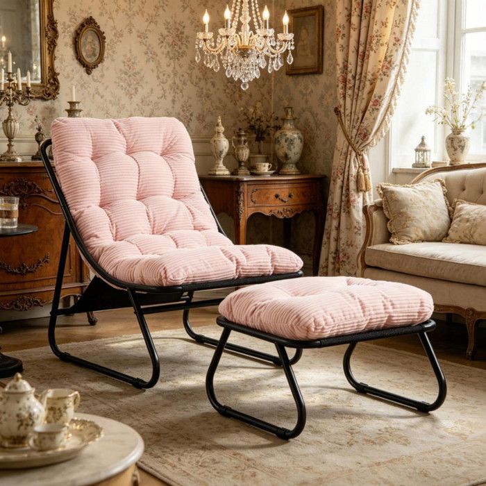 Modenuit Chaise longue 65×78×86 cm avec repose-pieds et coussins cadre en acier rose