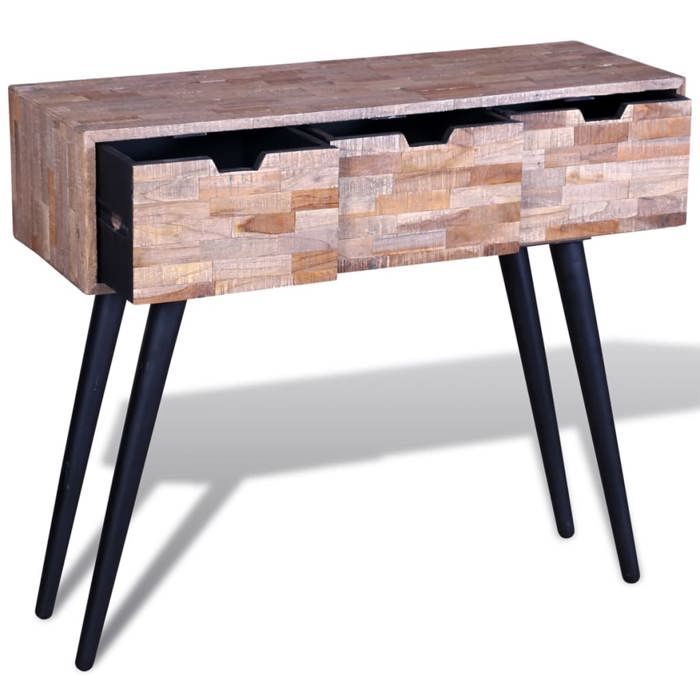 Meuble dentrée de qualité Table de couloir pour salon avec 3 tiroirs Bois de teck recyclé - (87x31x75 cm) Xi672h