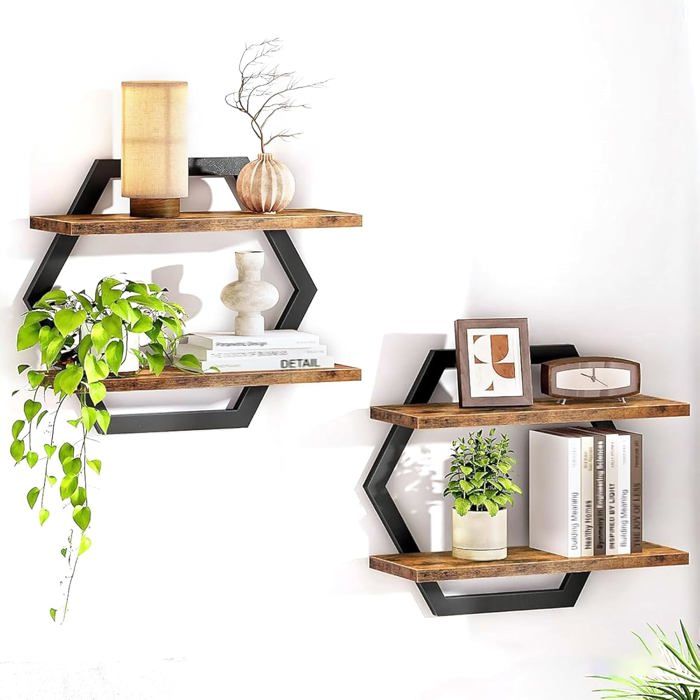Étagère murale flottante - EVERWOL - Design hexagonal - Double niveau en bois - Résistant aux rayures - Antirouille