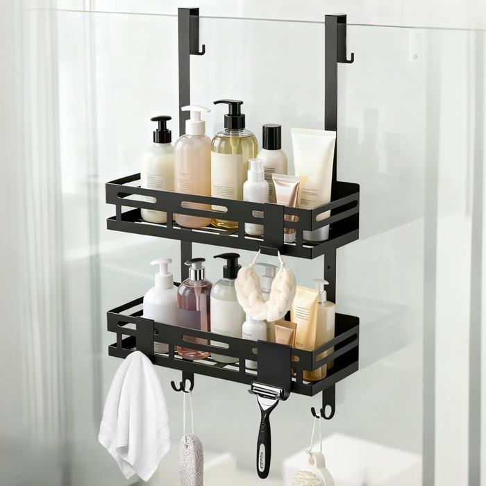 Étagère de Douche sans Perçage Noire – Panier de Douche Suspendu pour Porte en Verre 2 Niveaux avec 4 Crochets Fixes 2 Crochets