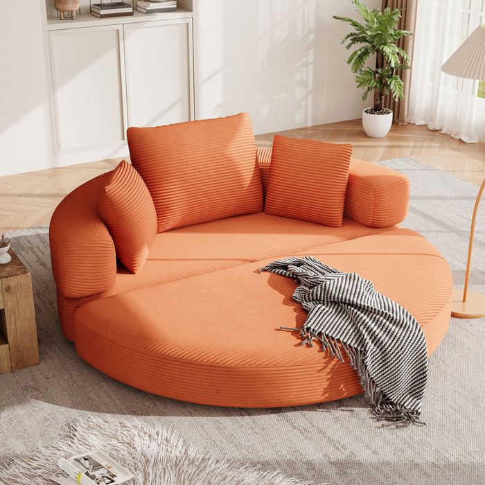 Canapé-Lit Pliant Convertible 173x176cm Boneless Couch Lit Ovale avec 3 Coussins Velours Côtelé Orange Mousse Haute Densité