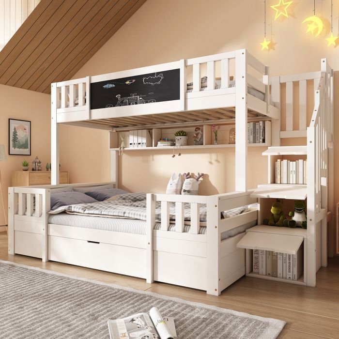 Lit superposé enfant 90x200/140x200 cm avec tableau échelle avec rangement et tiroirs - sans matelas - Blanc
