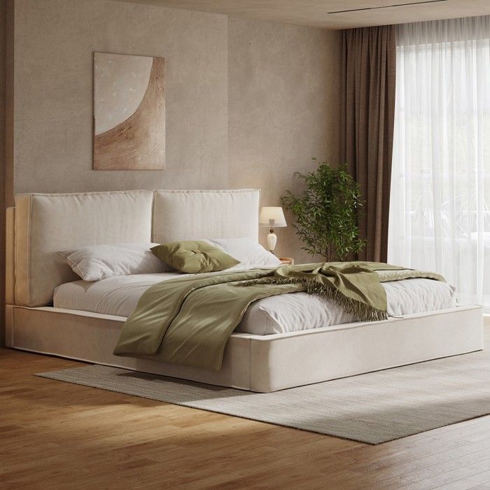 Lit double capitonné 160x200 cm en tissu chenille beige tête de lit matelassée et sommier à lattes inclus Sans Matelas