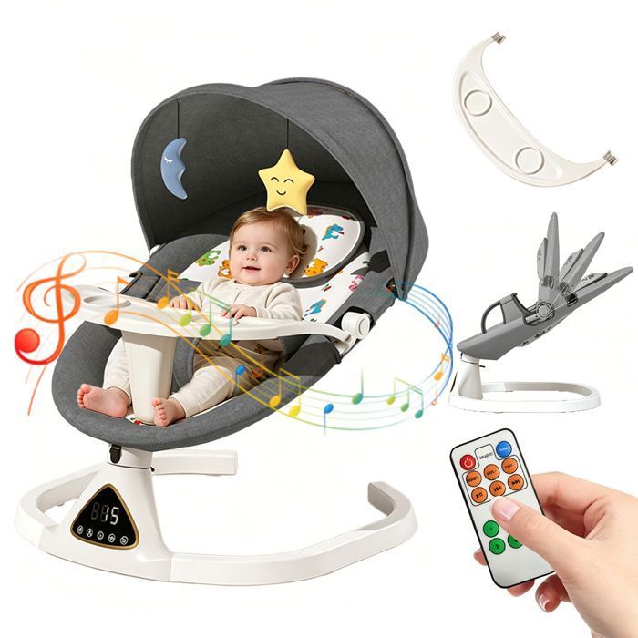 Balancelle Transat Bébé Électrique 3 en 1 chaise berçante électrique pour bébé 5 vitesses télécommande intérieur et extérieur gris