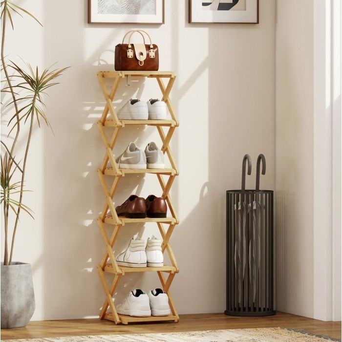 Meuble à chaussures pliable 6 niveaux en bambou naturel 9 paires 30 x 29 x 108 cm sans montage ORVRYN