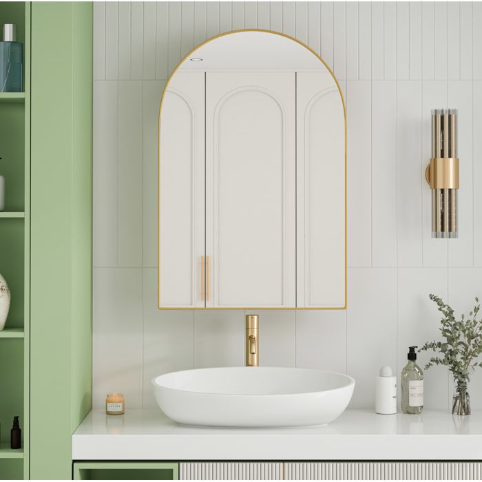 Armoire a pharmacie miroir arque encastrable ou murale cadre metal gold avec 2 tablettes en verre reglables Grjofek