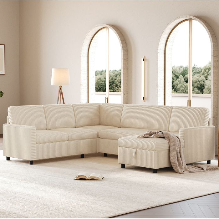 Canapé dangle en U convertible AESVAR 5 places avec rangement gros cordon beige 274 x 220 x 85 cm