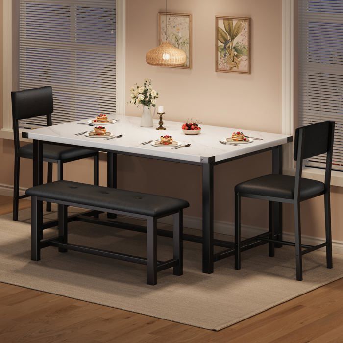 Ensemble repas rectangulaire plateau marbre blanc pour 4 pers 2 chaises rembourrées + banc petit espace assemblage facile