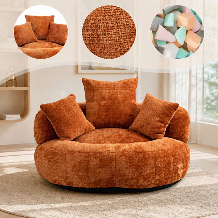 Pouf Poire 2 Places en Chenille 108×108×52 cm avec Trois Coussins - Confortable Canapé Lazy Orange