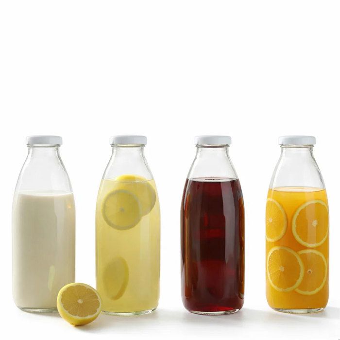 Set de 4 Bouteilles en Verre 1L - Bouchon Blanc Visse - Lait Jus Limonade Reutilisable