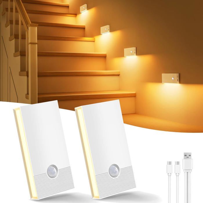 Veilleuse détecteur de mouvement blanche - Lot de 2 - LED - 2700 K - USB rechargeable - Sans fil