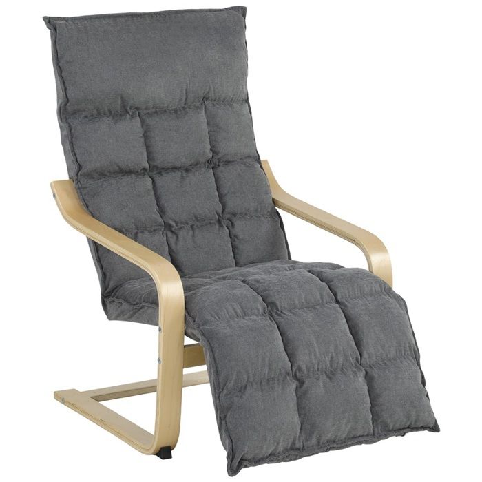 Fauteuil lounge en lin gris avec repose-pieds à bascule dossier haut et assise large. Fauteuil lounge en lin gris avec repose-pieds à bascule dossier haut et assise large.