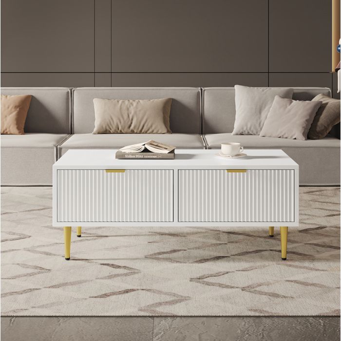 Table basse rectangulaire AESVAR 2 tiroirs blanc et doré 100 x 50 x 40 cm en MDF