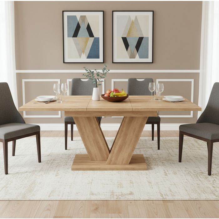 Table à manger extensible 140-180 cm rectangulaire 4 à 8 personnes MDF aspect chêne piètement central en V TYNQER
