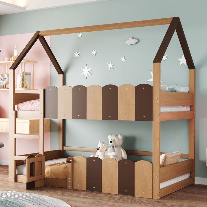 Lit superposé enfant - CRESTA - Forme de Maison - 90x200 cm - Barrières de sécurité - Naturel Lit superposé enfant - CRESTA - Forme de Maison - 90x200 cm - Barrières de sécurité - Naturel