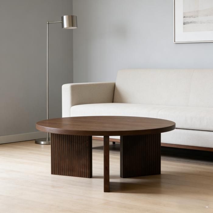 WOVREO Table basse ronde 80 cm design élégant MDF aspect bois marron noyer pieds rainurés