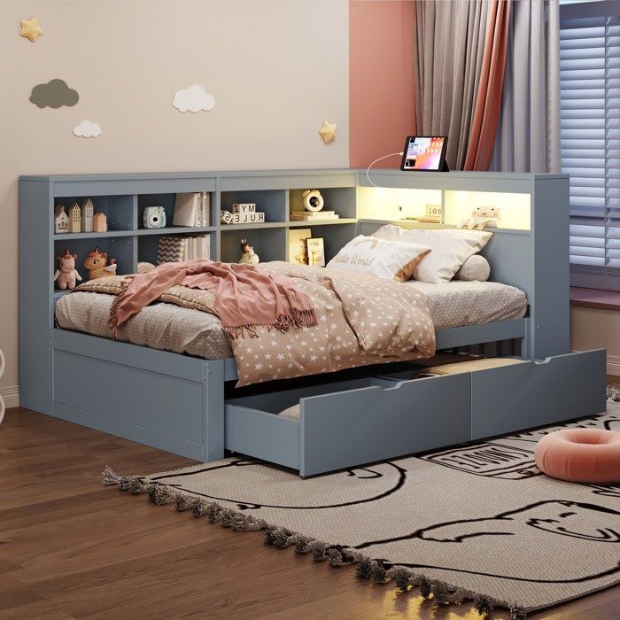 Lit banquette en bois massif 90 x 200 cm avec éclairage LED prise intégrée USB tiroirs de rangement pin et MDF Gris