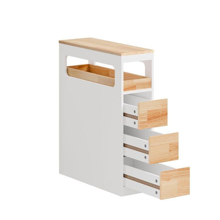 Meuble Salle de Bain Rangement 3 Tiroirs - Colonne Étroite à Roulettes avec Plateau Blanc et Bois 65x23x82 cm pour WC et Cuisine