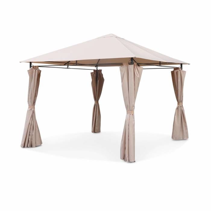 Tonnelle 3x3m Alice's Garden Elusa - Pergola Avec Rideaux Beige, Toile Polyester