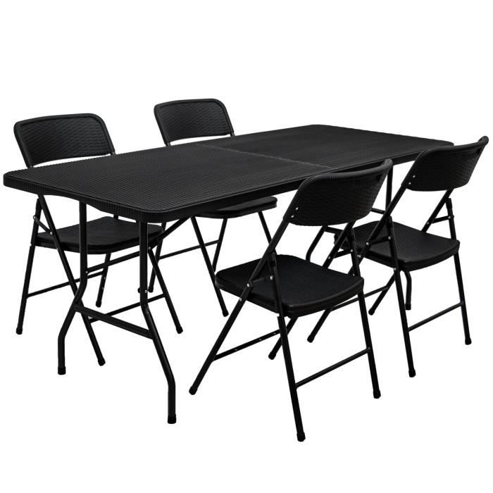 Ensemble de meubles de jardin Table de 180cm 4 chaises Pliable Aspect Rotin Noir