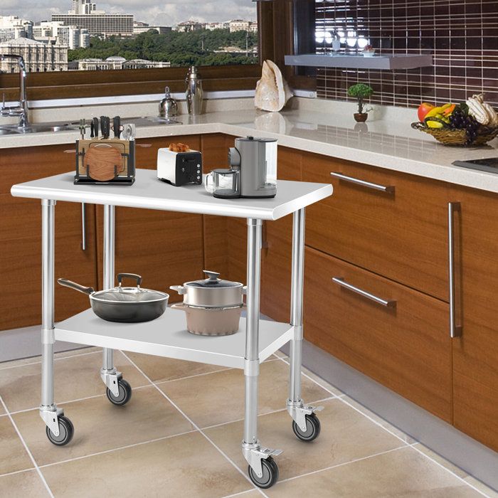 Table De Travail Cuisine Inox A Roulettes 2 Couches 91 5 X 61 X 88