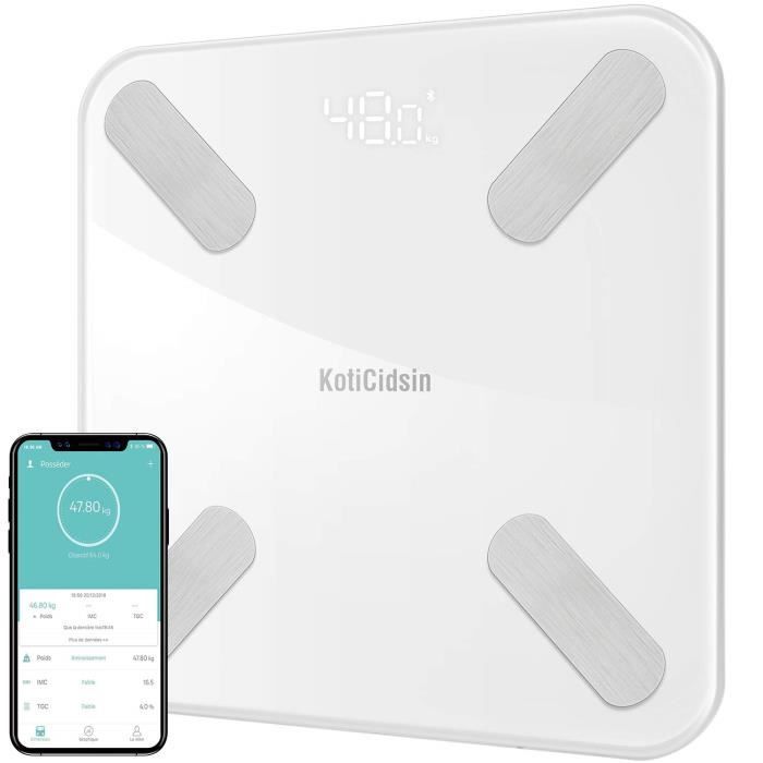 4 capteurs de pr/écision Verre tremp/é Balance connect/ée NOERDEN MINIMI Technologie de bio-imp/édancem/étrie Bluetooth Blanc Ecran LED
