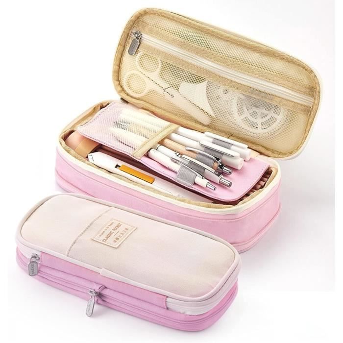 Trousse Scolaire KASESSS 4 Compartiments - Grande Capacité 65 Stylos - Patchs Décoratifs - Beige