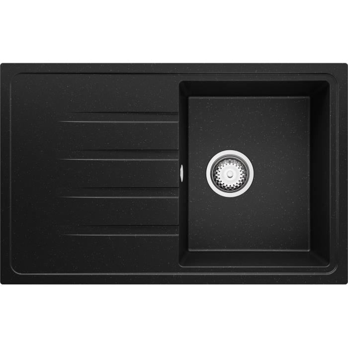 Evier Cuisine en Granit Noir Metallic, 78 x 50 cm, Évier 1 bac + Kit de Vidage, Évier Encastrer au meuble 45cm de Primagran